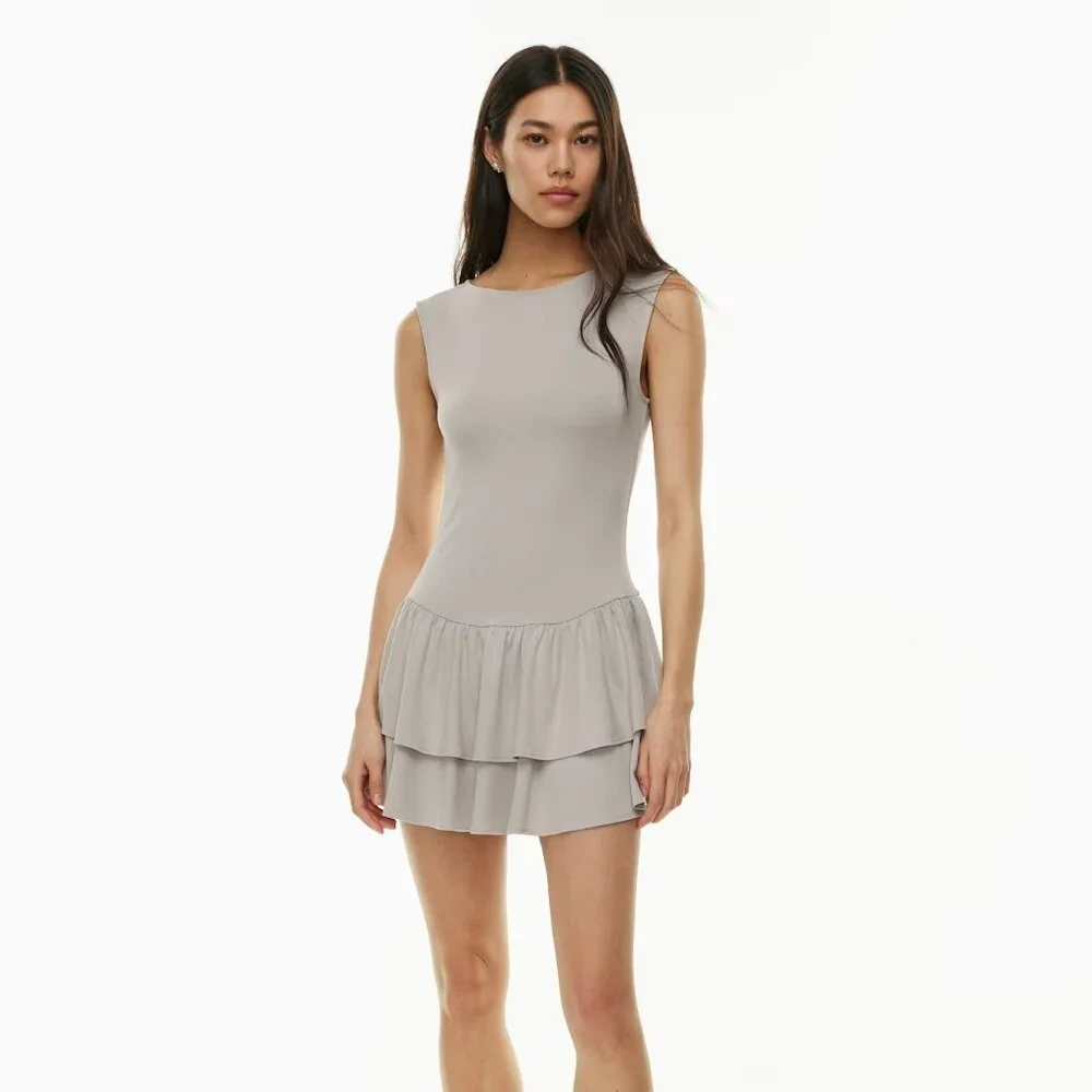 Aritzia Sleeveless Tiered Mini Dress in Light Taupe - Picture 4 of 9